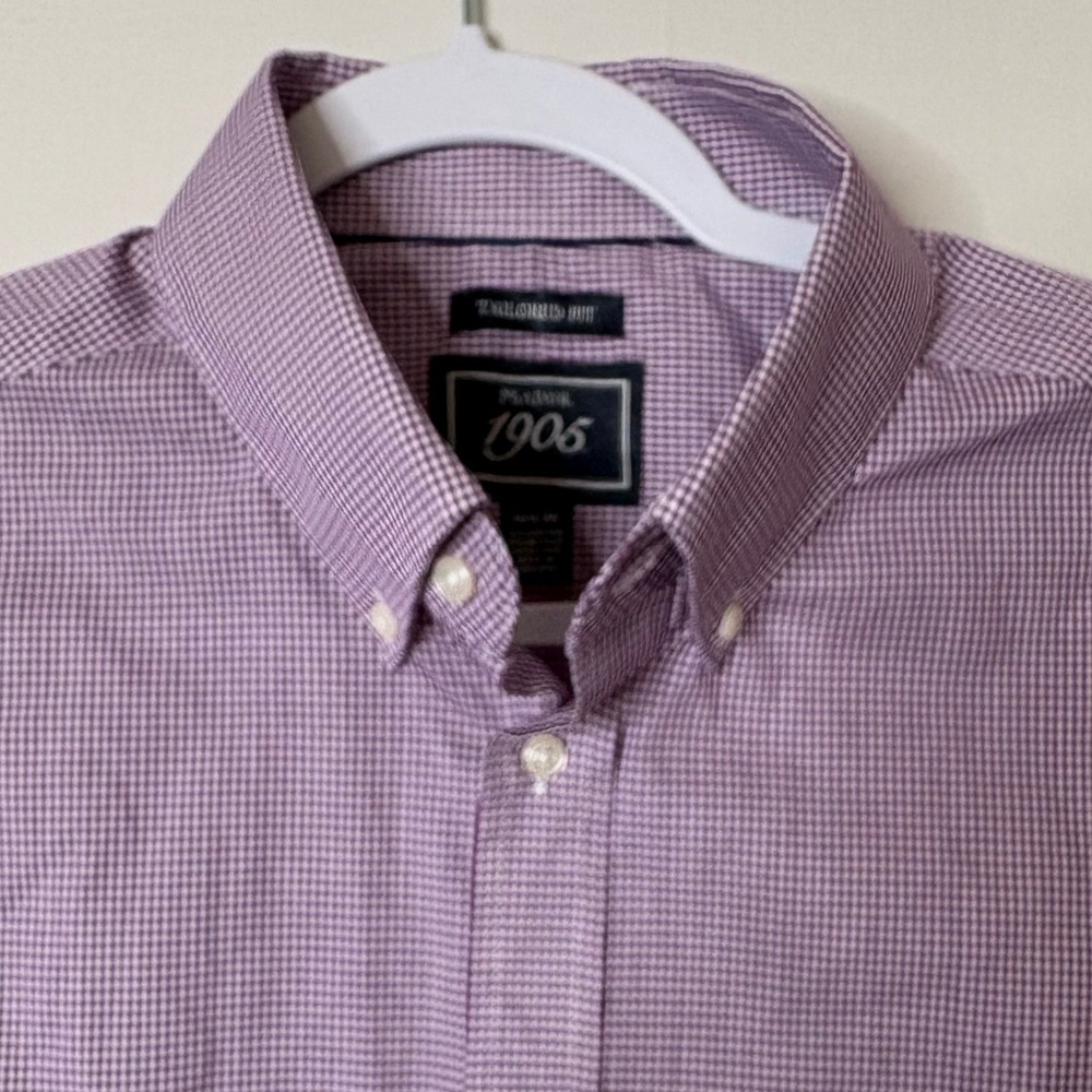Jos A Bank 1905 Dress Shirt Mens 16.5 36 Tailored Fit Purple Gingham Check Blend